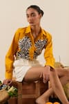 Buy_Urban life_Yellow Cotton Poplin Machine Embroidery Abstract Floral Collar Patchwork Shirt _Online_at_Aza_Fashions