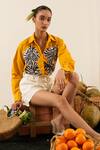 Shop_Urban life_Yellow Cotton Poplin Machine Embroidery Abstract Floral Collar Patchwork Shirt _Online_at_Aza_Fashions