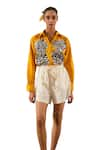 Urban life_Yellow Cotton Poplin Machine Embroidery Abstract Floral Collar Patchwork Shirt _at_Aza_Fashions