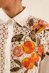 Shop_Urban life_White Cotton Poplin Machine Embroidery Orange Collar Schiffli Patchwork Shirt _Online_at_Aza_Fashions