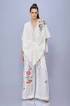 Buy_DILNAZ_Cream Cotton Linen Blend Embroidered Thread V Neck Floral Shoulder Kaftan _at_Aza_Fashions