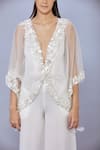 DILNAZ_Ivory Net Hand Embroidered Sequin Kaftan And Jumpsuit Plung V With _Online_at_Aza_Fashions