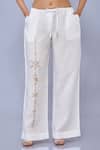 Dilnaz_White Cotton Linen Blend Hand Embroidered Snowflake Straight Trouser _Online_at_Aza_Fashions
