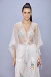 Buy_DILNAZ_Ivory Net Embroidered Thread Deep V Neck Kaftan _at_Aza_Fashions