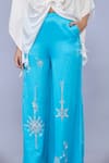 DILNAZ_Blue Blended Satin Linen Hand Embroidered Pearls Trouser _Online_at_Aza_Fashions