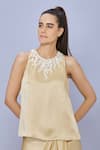 Buy_DILNAZ_Beige Blended Satin Hand Embroidered Pearls Round Top _at_Aza_Fashions