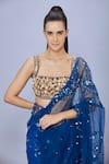 DILNAZ_Blue Net Hand Embroidered Parsi Gara Flowers Saree _Online_at_Aza_Fashions