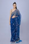 Dilnaz_Blue Net Hand Embroidered Floral Square Neck Blouse _Online_at_Aza_Fashions