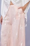 DILNAZ_Peach Blended Satin Linen Hand Embroidered Pearls Trouser _Online_at_Aza_Fashions