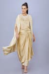 Buy_DILNAZ_Gold Blended Satin Hand Embroidered Pearls Cape Open Neck Draped Skirt Set _Online_at_Aza_Fashions