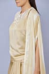 Shop_DILNAZ_Gold Blended Satin Hand Embroidered Pearls Cape Open Neck Draped Skirt Set _Online_at_Aza_Fashions