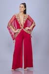 Buy_DILNAZ_Red Net Embellished Bead Kaftan Plunge V-neck Sheer With Jumpsuit _at_Aza_Fashions