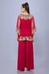 Shop_DILNAZ_Red Net Embellished Bead Kaftan Plunge V-neck Sheer With Jumpsuit _at_Aza_Fashions