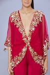 DILNAZ_Red Net Embellished Bead Kaftan Plunge V-neck Sheer With Jumpsuit _Online_at_Aza_Fashions