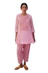 Shop_Nimbu Mirchi_Pink Cotton Kota Embroidery Blossom Round Neck Yoke Short Kurta With Salwar_Online_at_Aza_Fashions