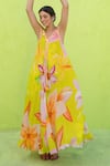 Shop_Nimbu Mirchi_Green Crepe Print Lily Garden V Neck Maxi Dress_Online_at_Aza_Fashions
