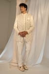 Soniya G x AZA_Cream Velvet Embroidered Sequins Jacket With Bandhgala Set _Online