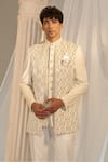 Shop_Soniya G x AZA_Cream Velvet Embroidered Sequins Jacket With Bandhgala Set _Online