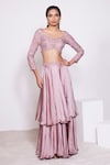 Buy_PANIHARI_Pink Skirt Satin Crepe Embroidered Sequin Floral Blouse With Two Tiered_at_Aza_Fashions