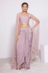 Buy_PANIHARI_Pink Skirt Crepe Embroidered Sequin Round Neck Floral Blouse And Draped Set_at_Aza_Fashions