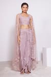 PANIHARI_Pink Skirt Crepe Embroidered Sequin Round Neck Floral Blouse And Draped Set_Online_at_Aza_Fashions