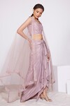 Buy_PANIHARI_Pink Skirt Crepe Embroidered Sequin Round Neck Floral Blouse And Draped Set_Online_at_Aza_Fashions