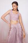 PANIHARI_Pink Skirt Crepe Embroidered Sequin Round Neck Floral Blouse And Draped Set_at_Aza_Fashions