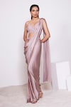 Buy_PANIHARI_Pink Saree Skirt Satin Crepe Embroidered Sequin V- Neck Pre-draped Set_at_Aza_Fashions