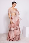 PANIHARI_Rose Gold Saree Skirt Satin Crepe Embroidered Sequin Pre-draped Ruffle Set_Online_at_Aza_Fashions