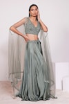 Buy_PANIHARI_Green Skirt Satin Crepe Embroidered Sequin V- Neck And Blouse Set_at_Aza_Fashions