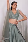 PANIHARI_Green Skirt Satin Crepe Embroidered Sequin V- Neck And Blouse Set_at_Aza_Fashions