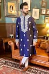 Buy_The House Of Diwans_Blue Cotton Silk Embroidered Thread Floral Kurta With Pant Pyjama _at_Aza_Fashions