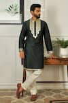 Buy_The House Of Diwans_Green Cotton Silk Leather Applique Kurta With Pant Pyjama _at_Aza_Fashions