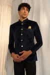 Shop_Soniya G x AZA_Blue Velvet Carved Buttons Bandhgala With Pant_Online_at_Aza_Fashions