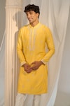 Shop_Soniya G x AZA_Yellow Handloom Embroidered Floral Kurta Set_at_Aza_Fashions