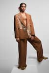 Buy_Masaba_Brown Heavy Crepe Hand Embroidery Gold Jaipur Badges Blazer And Trouser Set _at_Aza_Fashions