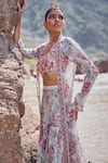 Shop_Ridhima Bhasin_Grey Chiffon Printed Floral Blouse Scoop Arsia Jacket Sharara Set 