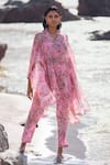 Buy_Ridhima Bhasin_Pink Georgette Printed Floral Band V Arzou Kaftan And Pant Set _at_Aza_Fashions