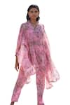 Ridhima Bhasin_Pink Georgette Printed Floral Band V Arzou Kaftan And Pant Set _Online_at_Aza_Fashions