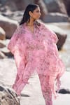 Ridhima Bhasin_Pink Georgette Printed Floral Band V Arzou Kaftan And Pant Set _at_Aza_Fashions