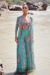 Buy_Ridhima Bhasin_Blue Organza, Chiffon Embroidery Scoop Naza Floral Print Jacket Sharara Set _at_Aza_Fashions