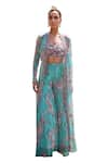 Buy_Ridhima Bhasin_Blue Organza, Chiffon Embroidery Scoop Naza Floral Print Jacket Sharara Set 