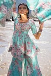 Shop_Ridhima Bhasin_Blue Chanderi Printed Floral Round Scalloped Neck Asra Peplum Kurta Sharara Set 