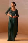 Buy_Nitika Gujral_Green Satin, Net Beads, Smocking Tassel Embellished Pre-draped Saree With Blouse _at_Aza_Fashions