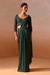 Buy_Nitika Gujral_Green Satin, Net Beads, Smocking Tassel Embellished Pre-draped Saree With Blouse _Online_at_Aza_Fashions