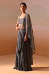 Nitika Gujral_Grey Shimmer Georgette Embroidery Gunmetal Queen Pre-draped Saree With Blouse_at_Aza_Fashions