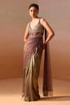 Buy_Nitika Gujral_Brown Shimmer Satin Embroidery Sequins Halter Neck Encrusted Draped Saree Gown _at_Aza_Fashions