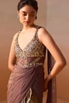 Nitika Gujral_Brown Shimmer Satin Embroidery Sequins Halter Neck Encrusted Draped Saree Gown _Online_at_Aza_Fashions