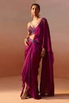 Nitika Gujral_Purple Satin Sequin Embellished Waistband Pre-draped Saree With Bustier _Online_at_Aza_Fashions