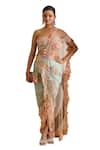 Buy_Moledro_Peach Tube Blouse And Pallu Shimmer Net Rian Park Bloom Pre-draped Saree With 